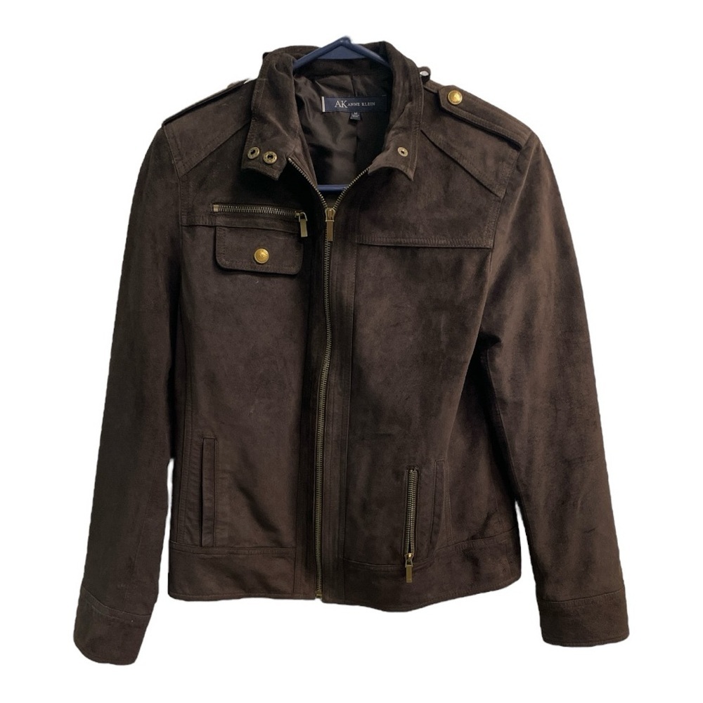Anne Klein 100% Suede Leather Brown Jacket with Gold Buttons Size M H4